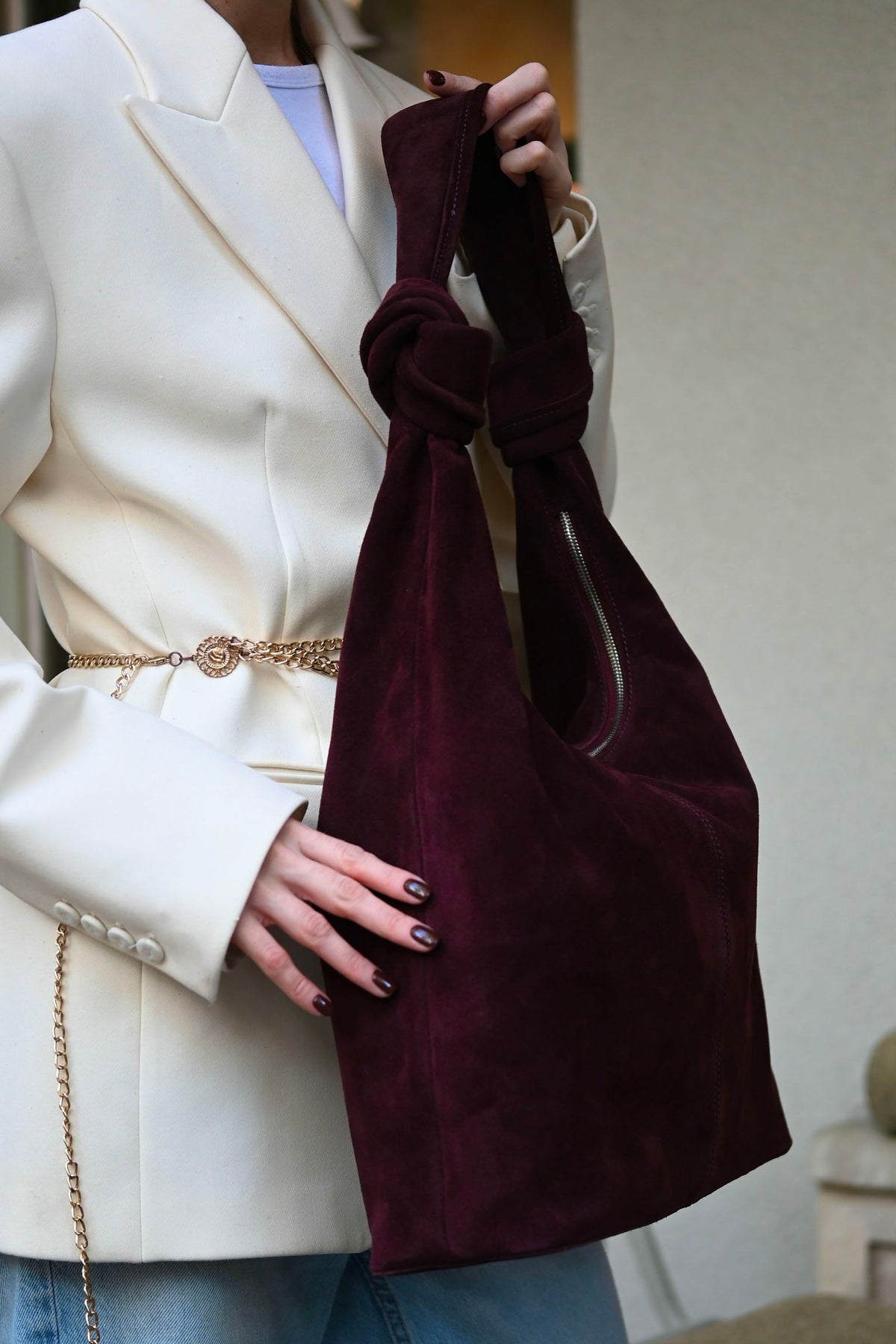 Merlot Suede Shoulder Bag with Knotted Handle & Zip Top