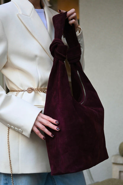 Merlot Suede Shoulder Bag with Knotted Handle & Zip Top
