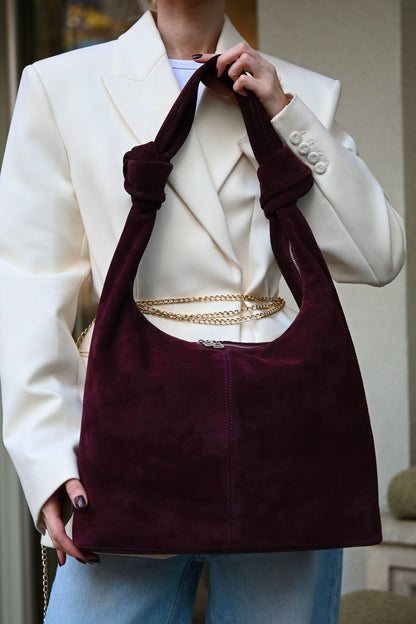Merlot Suede Shoulder Bag with Knotted Handle & Zip Top