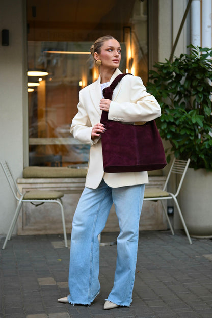 Merlot Suede Shoulder Bag with Knotted Handle & Zip Top