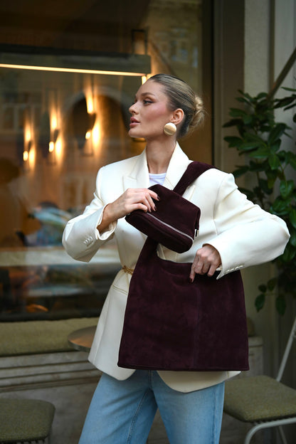 Merlot Suede Shoulder Bag with Knotted Handle & Zip Top