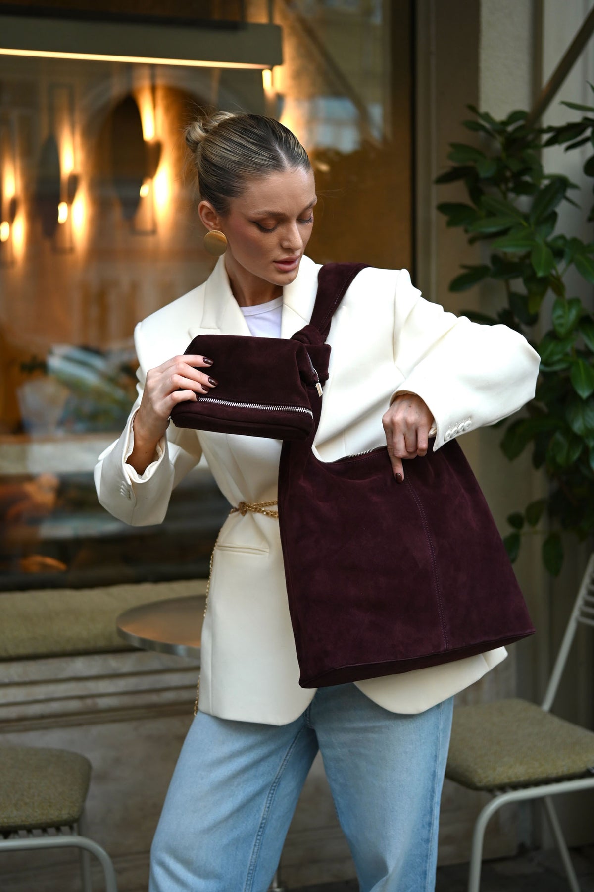 Merlot Suede Shoulder Bag with Knotted Handle & Zip Top