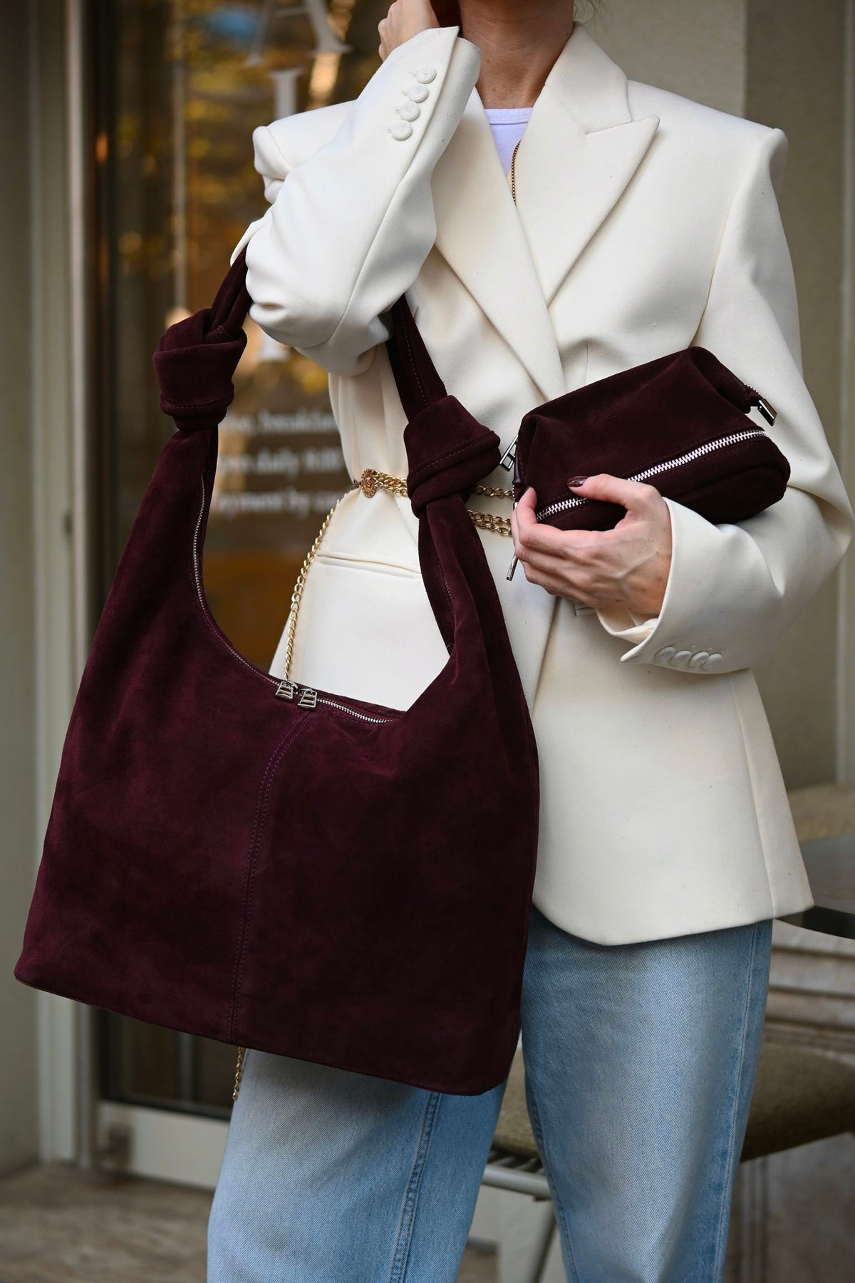 Merlot Suede Shoulder Bag with Knotted Handle & Zip Top