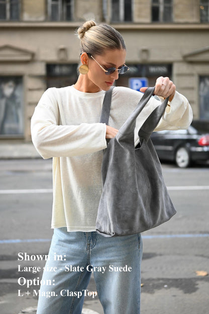 Large Suede Hobo Bag - Slouchy Shoulder Tote in Slate Gray