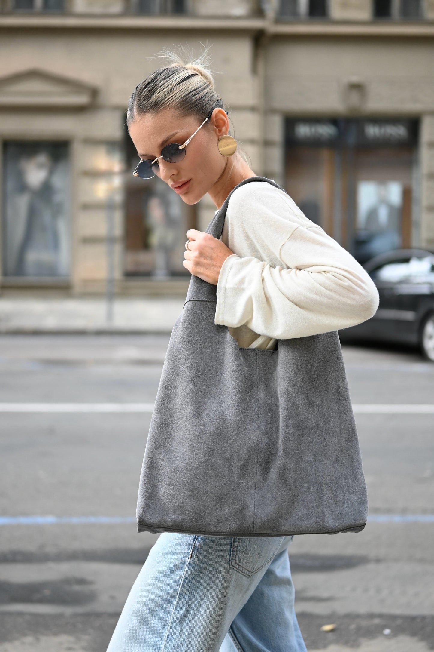 Large Suede Hobo Bag - Slouchy Shoulder Tote in Slate Gray