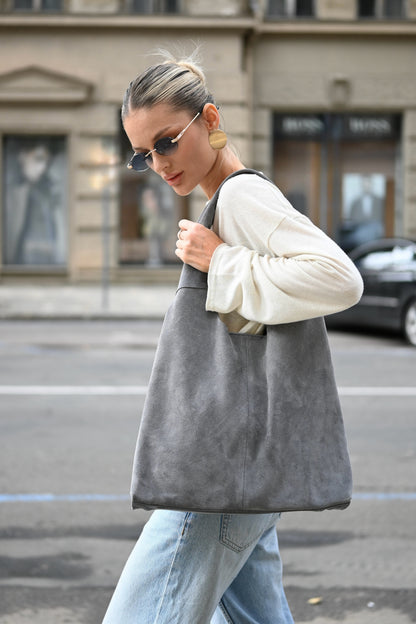 Large Suede Hobo Bag - Slouchy Shoulder Tote in Slate Gray