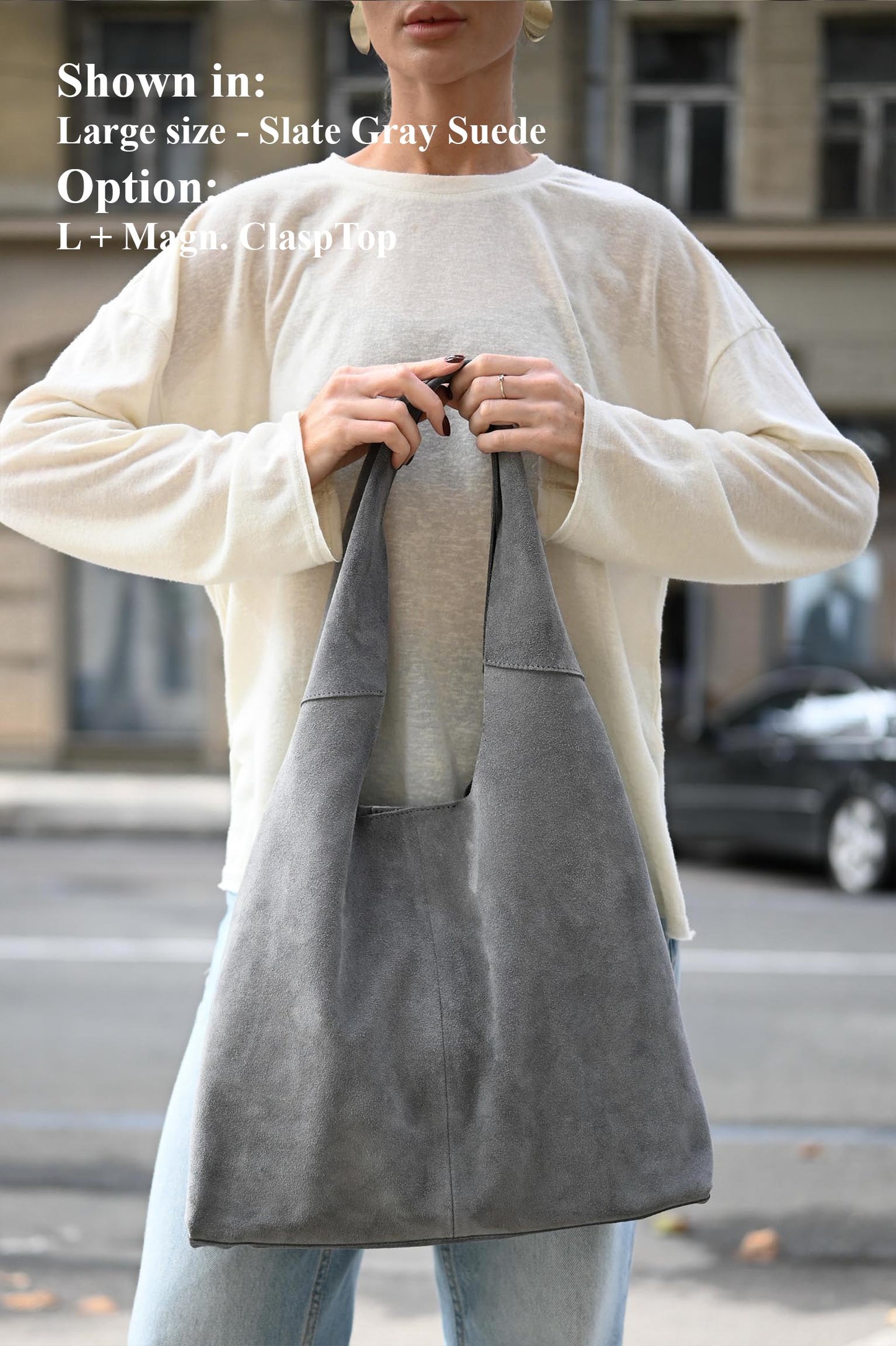 Large Suede Hobo Bag - Slouchy Shoulder Tote in Slate Gray