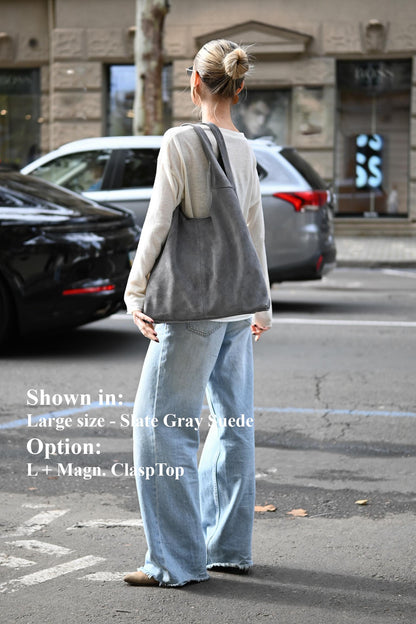 Large Suede Hobo Bag - Slouchy Shoulder Tote in Slate Gray