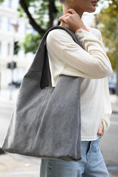 Large Suede Hobo Bag - Slouchy Shoulder Tote in Slate Gray