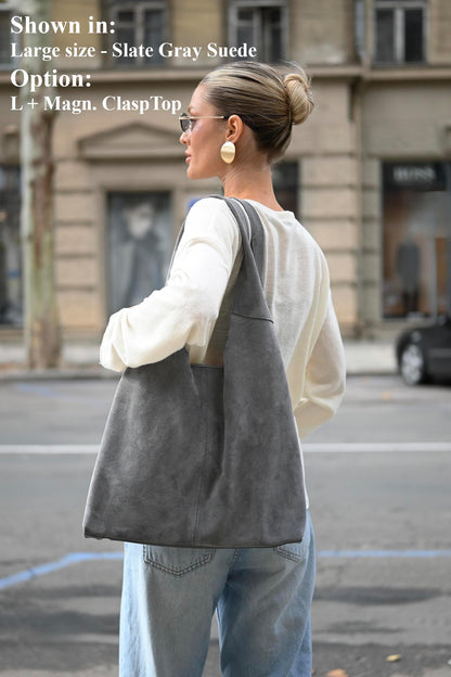Large Suede Hobo Bag - Slouchy Shoulder Tote in Slate Gray