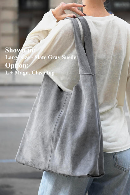 Large Suede Hobo Bag - Slouchy Shoulder Tote in Slate Gray