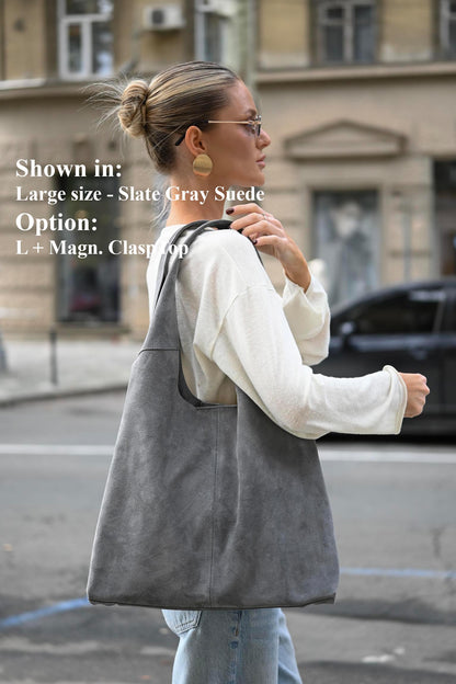 Large Suede Hobo Bag - Slouchy Shoulder Tote in Slate Gray