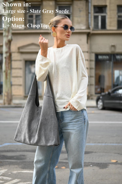 Large Suede Hobo Bag - Slouchy Shoulder Tote in Slate Gray