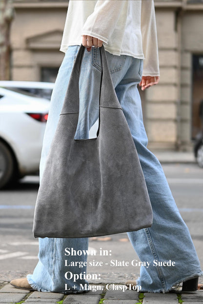 Large Suede Hobo Bag - Slouchy Shoulder Tote in Slate Gray