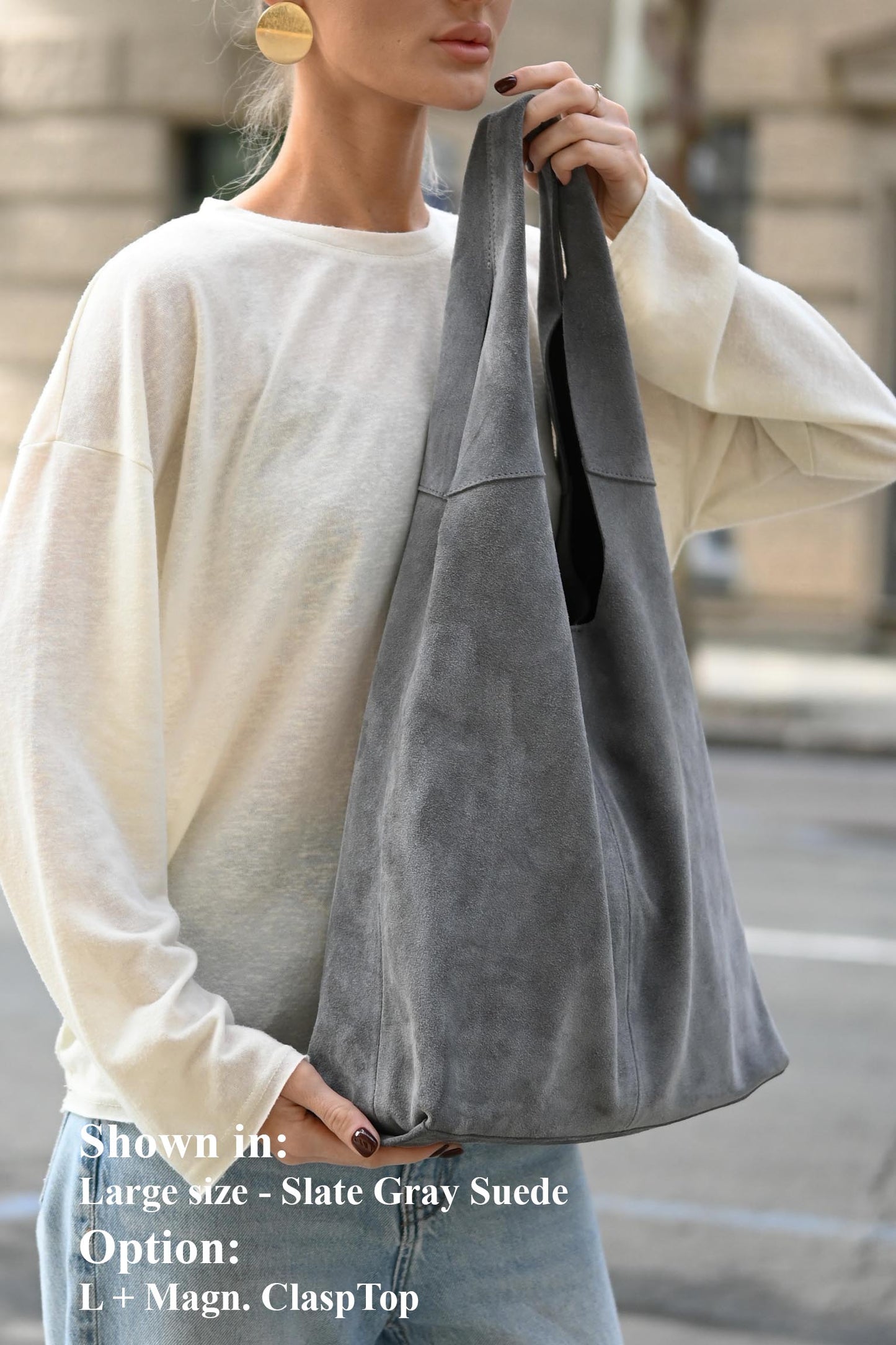 Large Suede Hobo Bag - Slouchy Shoulder Tote in Slate Gray