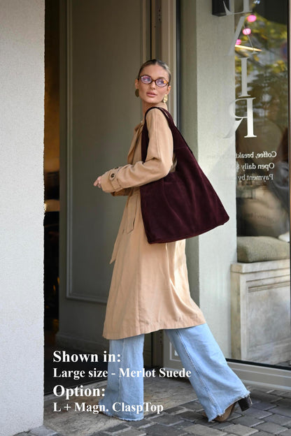 Large Suede Hobo Bag - Slouchy Shoulder Tote in Merlot
