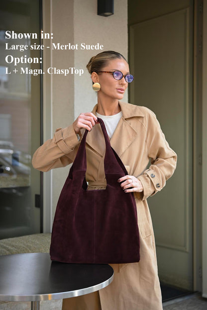 Large Suede Hobo Bag - Slouchy Shoulder Tote in Merlot