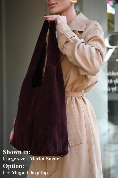Large Suede Hobo Bag - Slouchy Shoulder Tote in Merlot