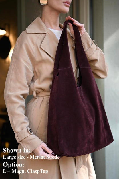 Large Suede Hobo Bag - Slouchy Shoulder Tote in Merlot