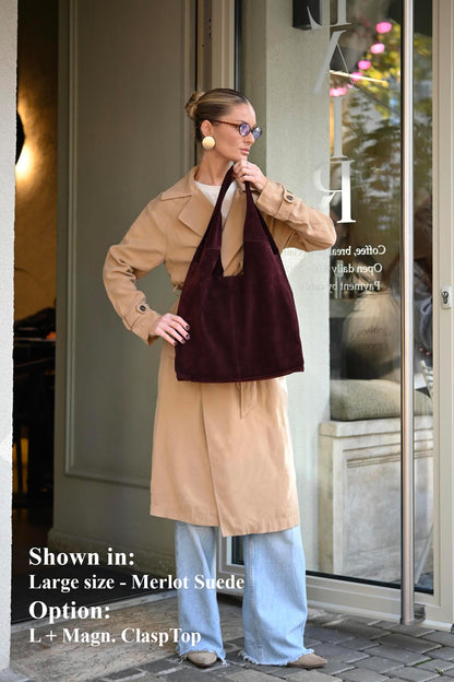 Large Suede Hobo Bag - Slouchy Shoulder Tote in Merlot