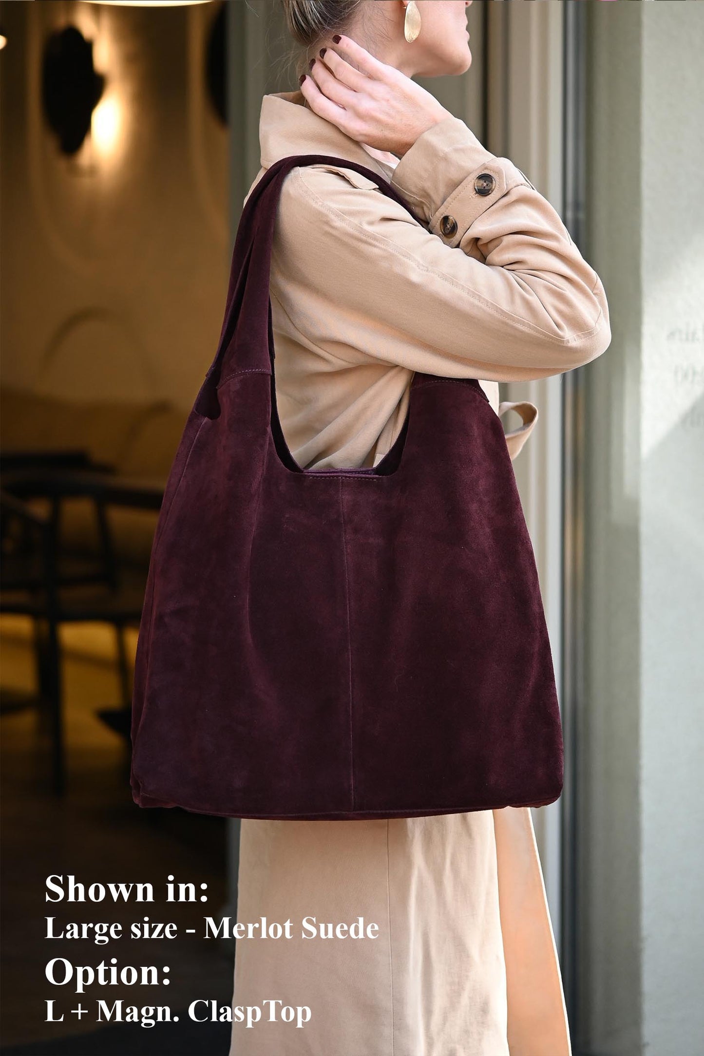 Large Suede Hobo Bag - Slouchy Shoulder Tote in Merlot