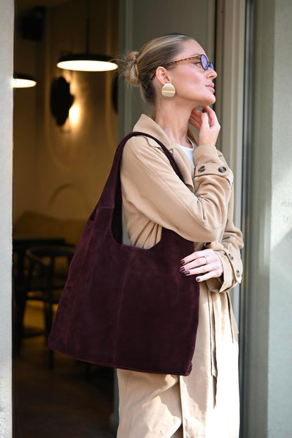 Large Suede Hobo Bag - Slouchy Shoulder Tote in Merlot