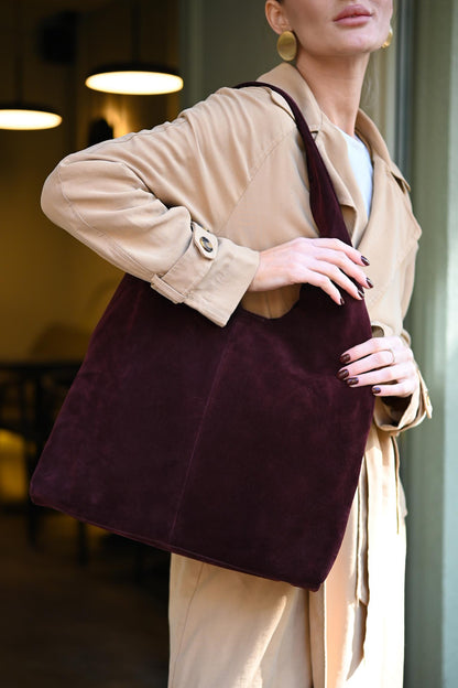 Large Suede Hobo Bag - Slouchy Shoulder Tote in Merlot