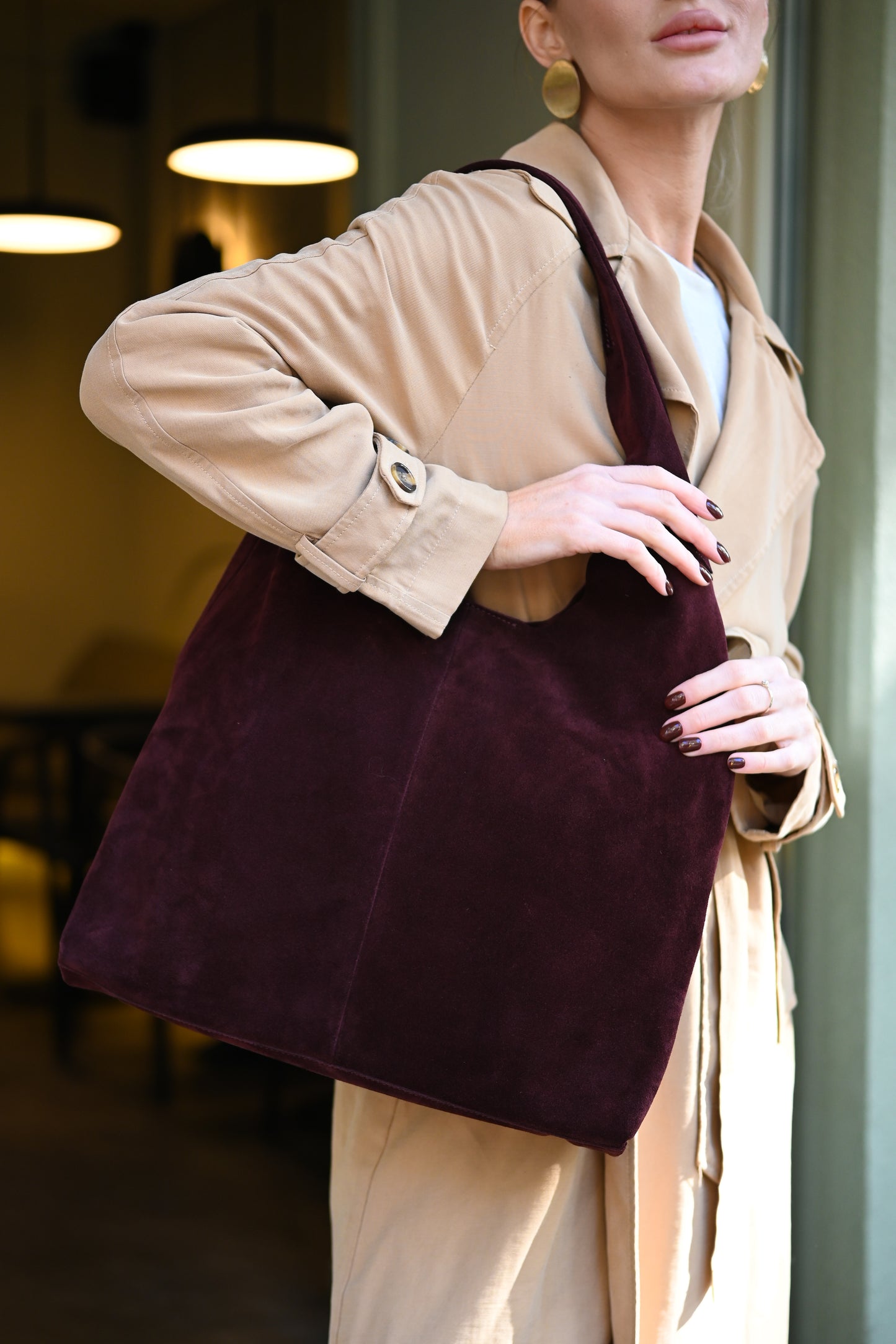 Large Suede Hobo Bag - Slouchy Shoulder Tote in Merlot