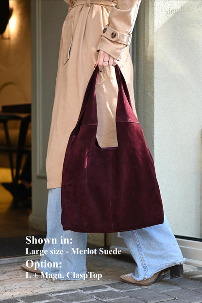 Large Suede Hobo Bag - Slouchy Shoulder Tote in Merlot