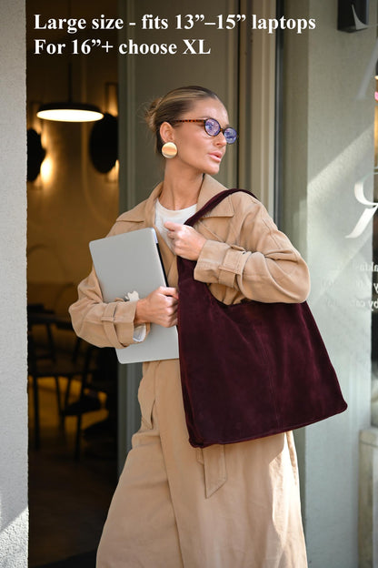 Large Suede Hobo Bag - Slouchy Shoulder Tote in Merlot