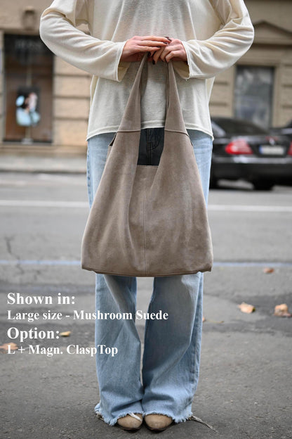 Large Suede Hobo Bag - Slouchy Shoulder Tote in Mushroom