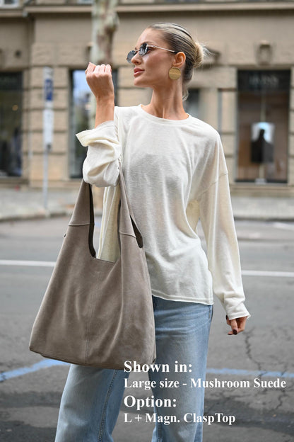 Large Suede Hobo Bag - Slouchy Shoulder Tote in Mushroom