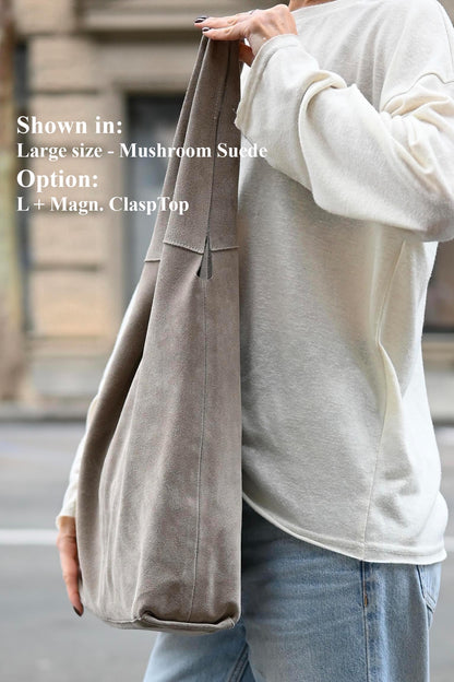 Large Suede Hobo Bag - Slouchy Shoulder Tote in Mushroom