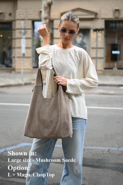 Large Suede Hobo Bag - Slouchy Shoulder Tote in Mushroom