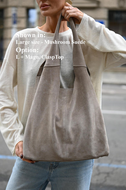 Large Suede Hobo Bag - Slouchy Shoulder Tote in Mushroom