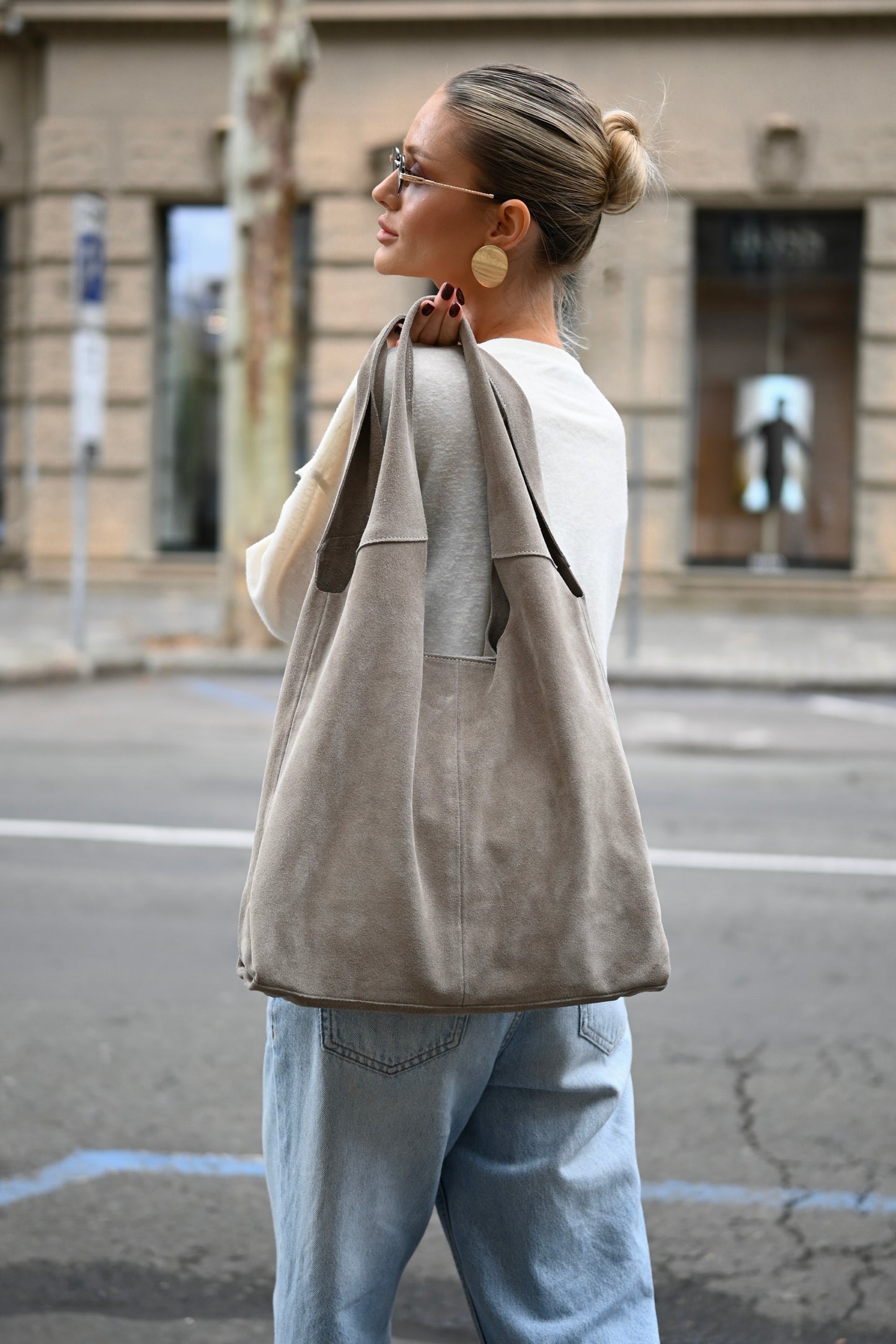 Large Suede Hobo Bag - Slouchy Shoulder Tote in Mushroom
