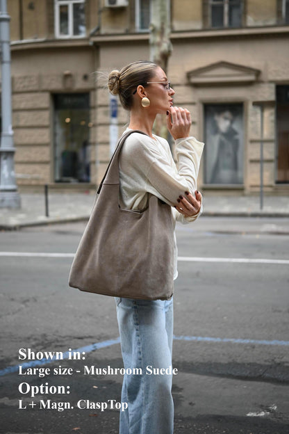 Large Suede Hobo Bag - Slouchy Shoulder Tote in Mushroom