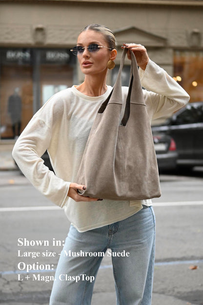 Large Suede Hobo Bag - Slouchy Shoulder Tote in Mushroom