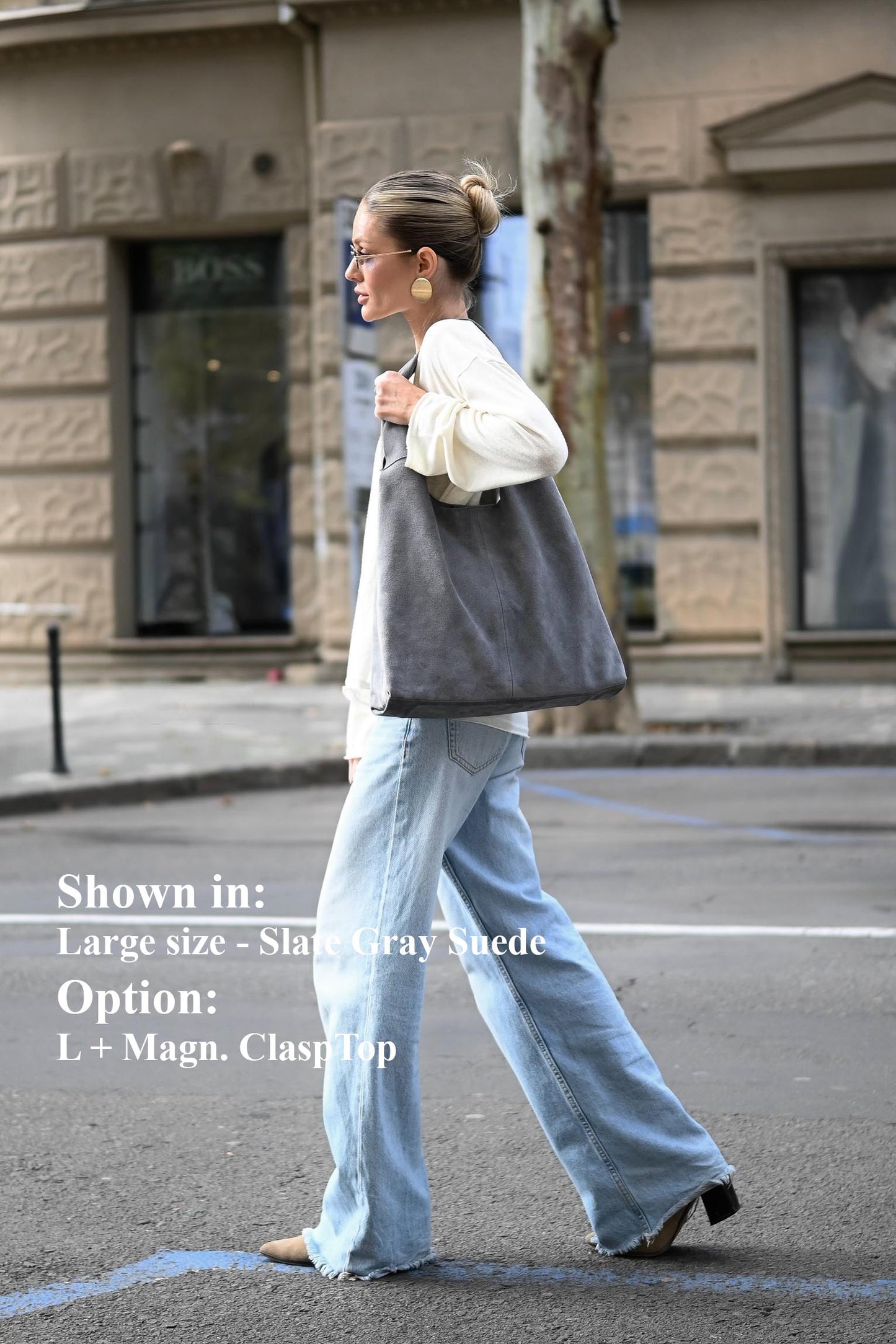 Large Suede Hobo Bag - Slouchy Shoulder Tote in Slate Gray