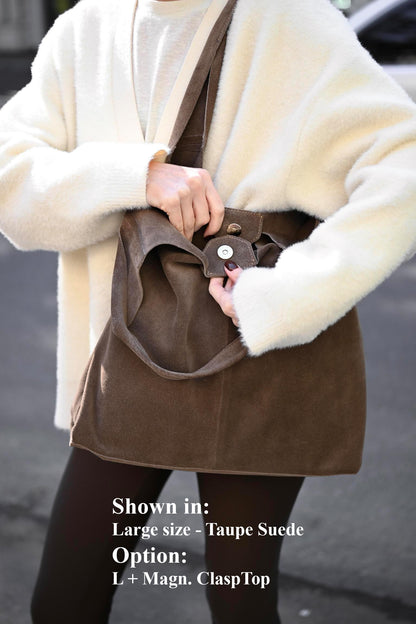 Large Suede Hobo Bag - Slouchy Shoulder Tote in Taupe