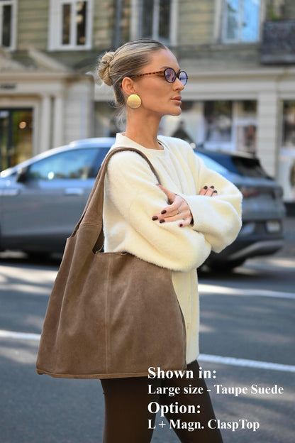 Large Suede Hobo Bag - Slouchy Shoulder Tote in Taupe