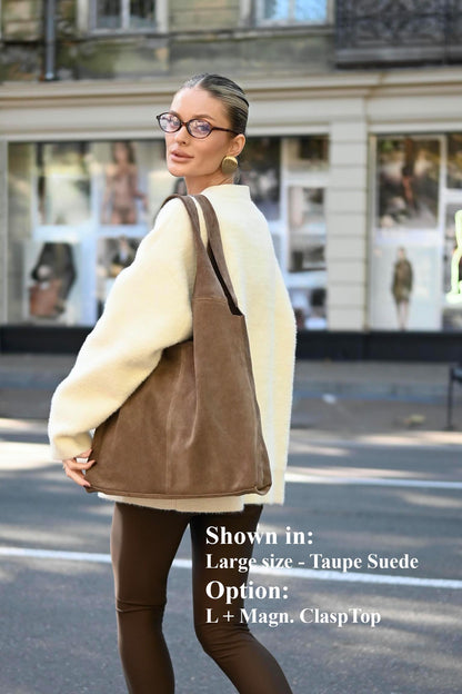 Large Suede Hobo Bag - Slouchy Shoulder Tote in Taupe