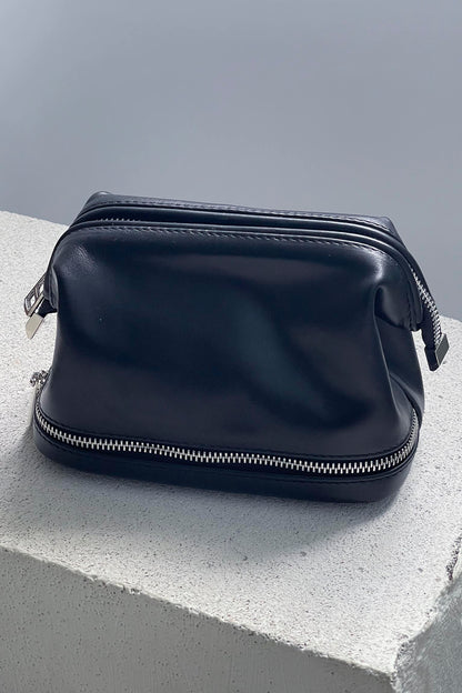 Black Smooth Leather Toiletry Bag - Full Grain Travel Dopp Kit with Zipper