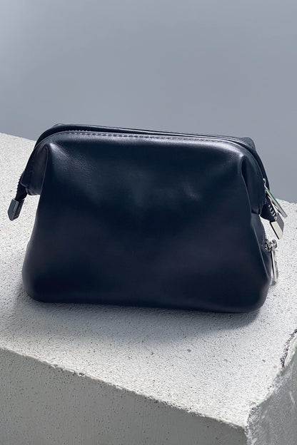 Black Smooth Leather Toiletry Bag - Full Grain Travel Dopp Kit with Zipper