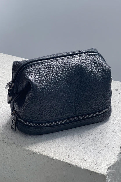 Black Pebbled Leather Toiletry Bag - Full Grain Travel Dopp Kit with Zipper
