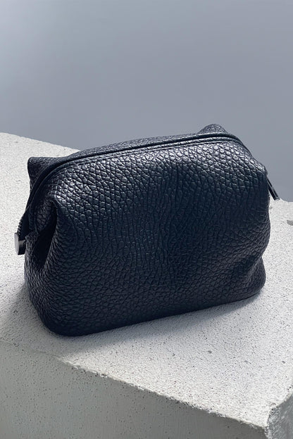 Black Pebbled Leather Toiletry Bag - Full Grain Travel Dopp Kit with Zipper