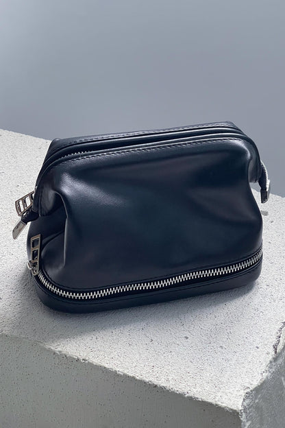 Black Smooth Leather Toiletry Bag - Full Grain Travel Dopp Kit with Zipper