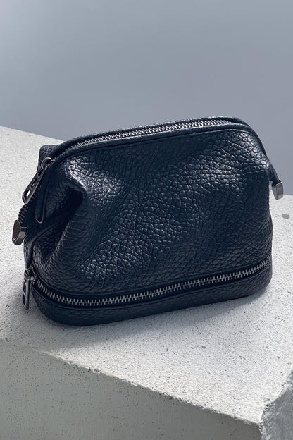 Black Pebbled Leather Toiletry Bag - Full Grain Travel Dopp Kit with Zipper
