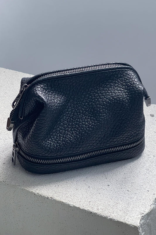 Black Pebbled Leather Toiletry Bag - Full Grain Travel Dopp Kit with Zipper