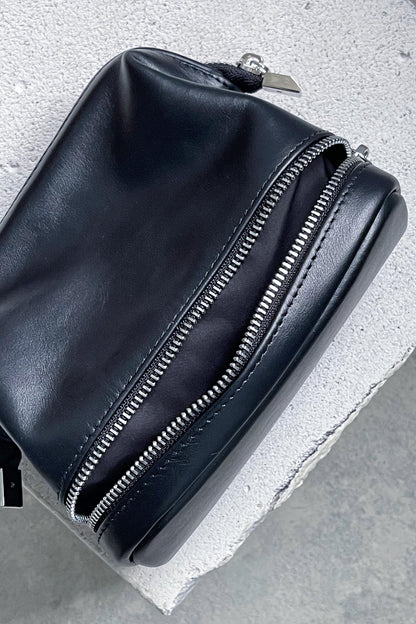 Black Smooth Leather Toiletry Bag - Full Grain Travel Dopp Kit with Zipper